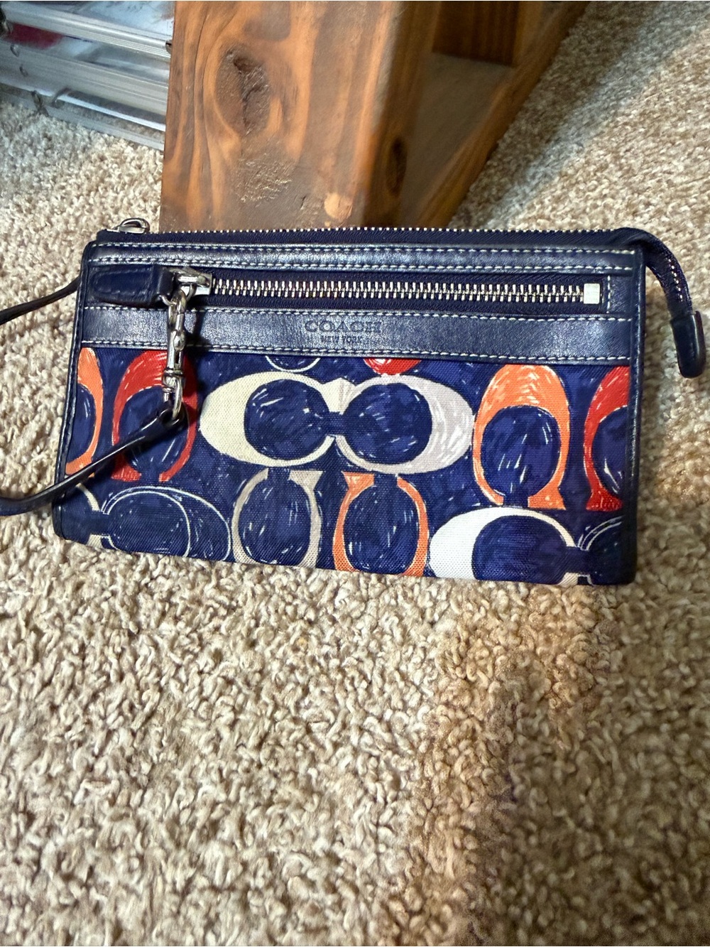 Coach Navy Orange Cream Signature Clutch Wristlet